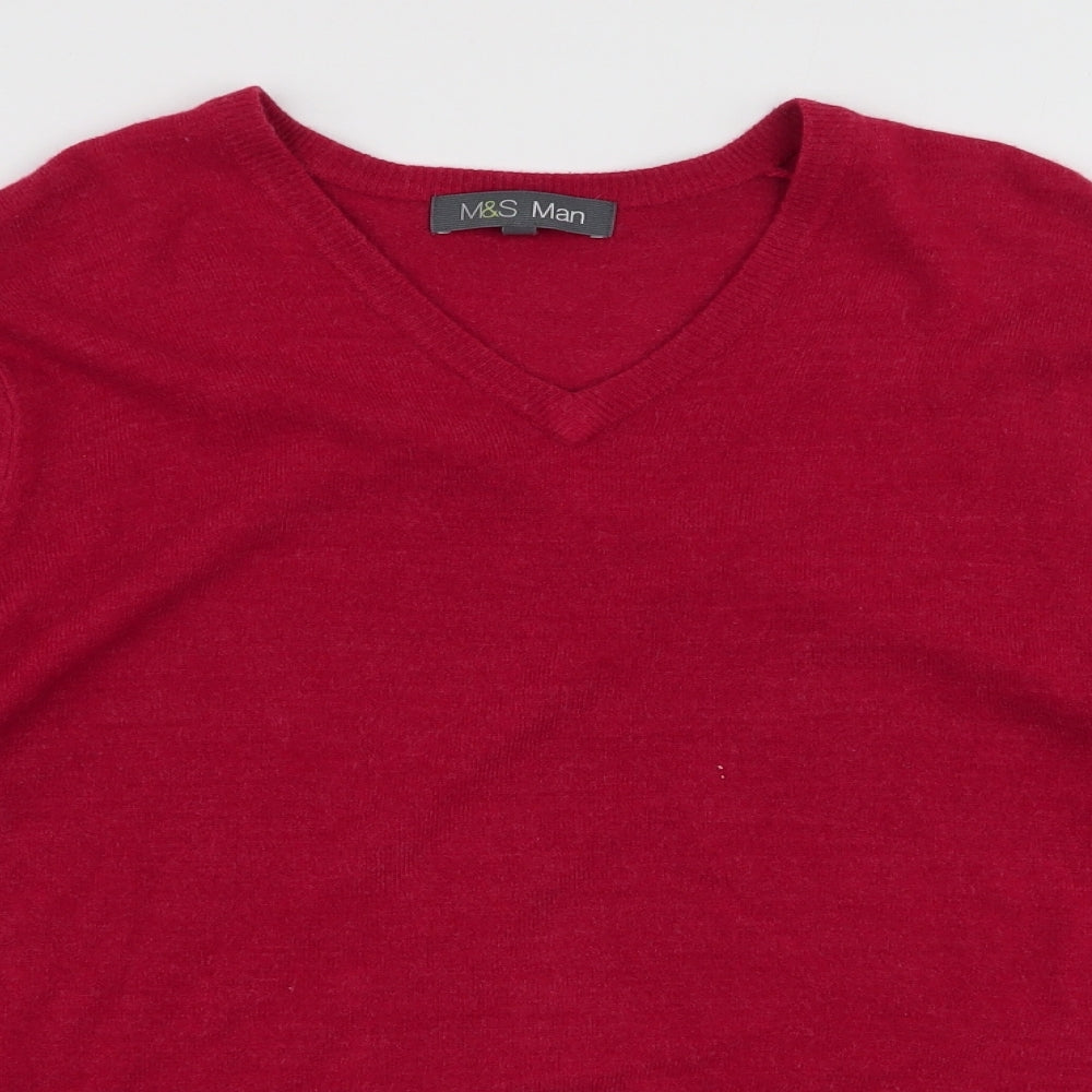 Marks and Spencer Mens Red V-Neck  Acrylic Pullover Jumper Size M