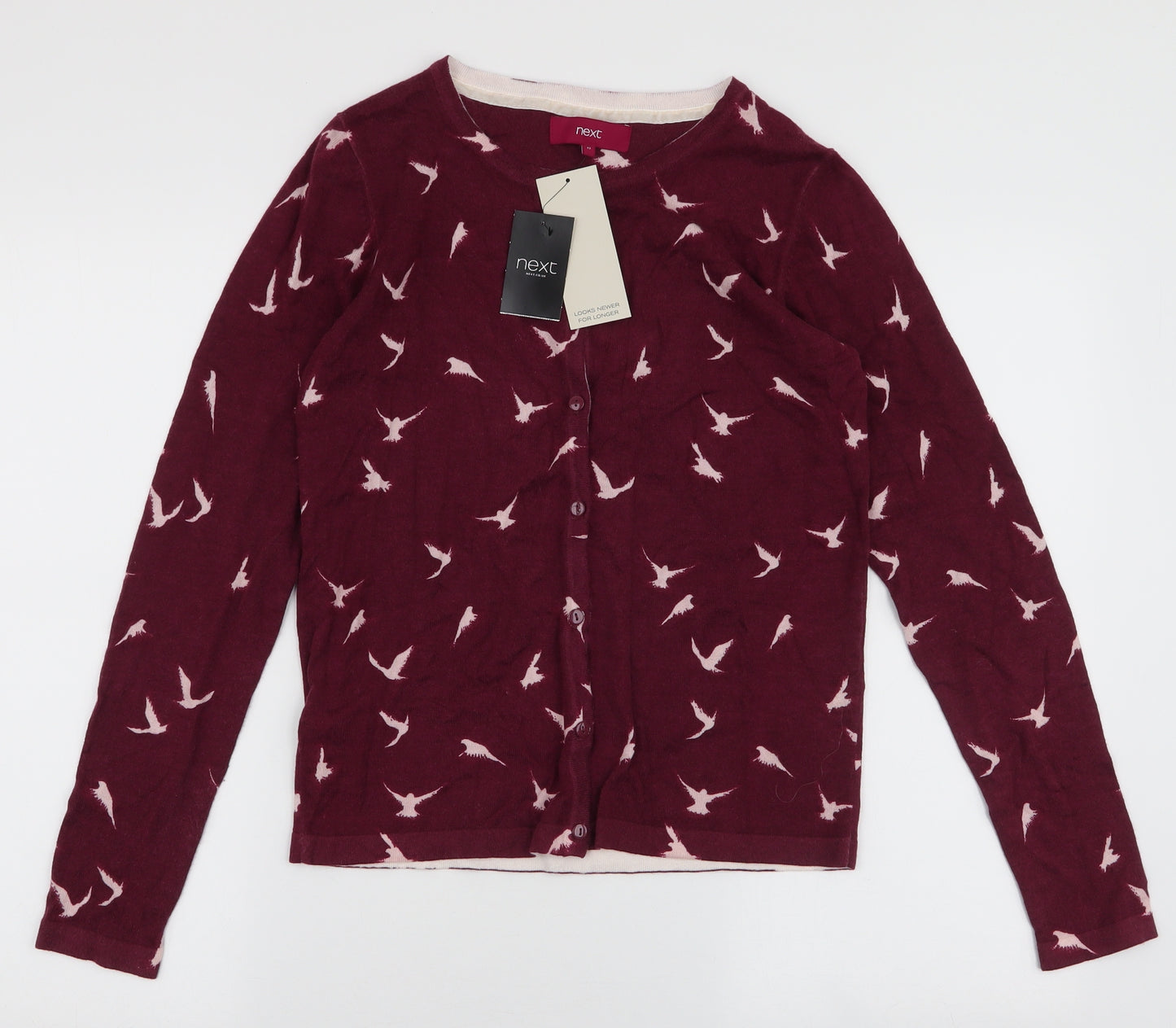 NEXT Womens Red Round Neck  Cotton Cardigan Jumper Size 12   - Birds