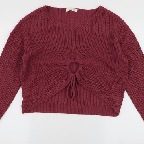 Jolie & Joy Womens Pink V-Neck  Acrylic Pullover Jumper Size L   - Cropped Tie detail