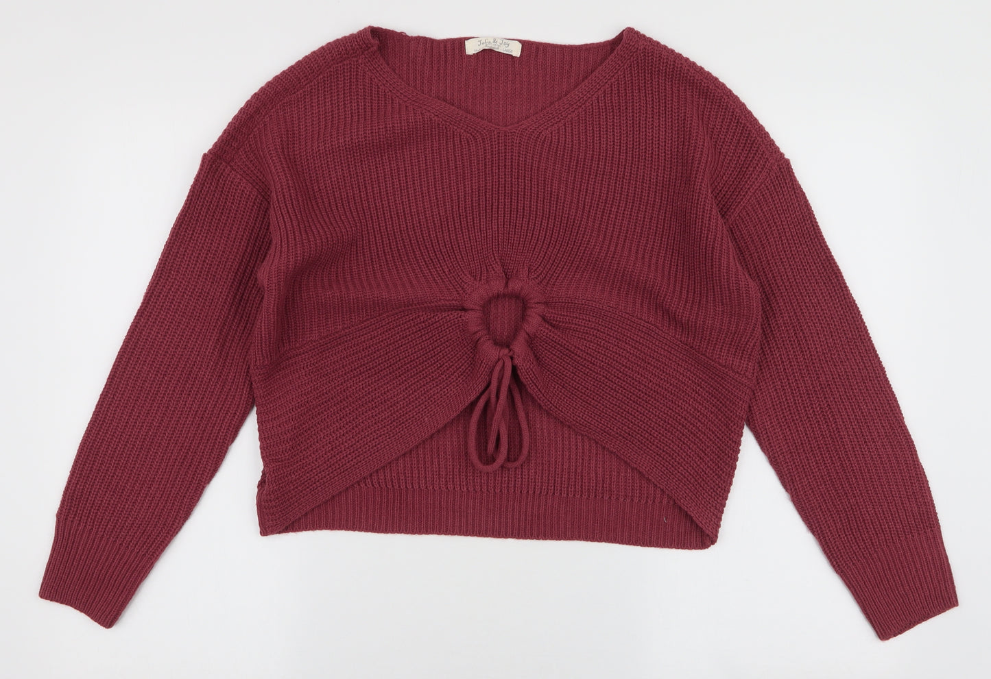 Jolie & Joy Womens Pink V-Neck  Acrylic Pullover Jumper Size L   - Cropped Tie detail