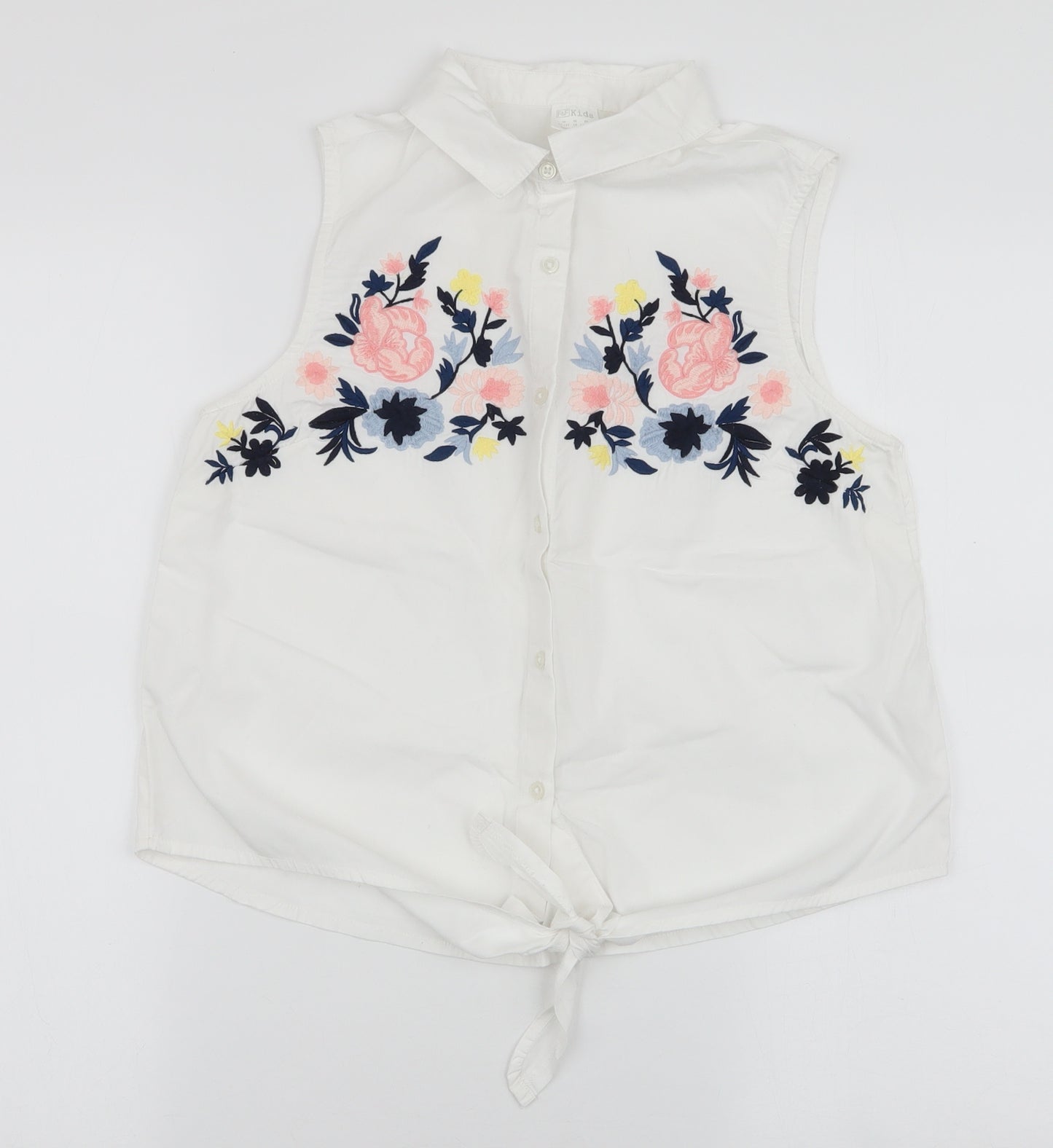 F&F Girls White Floral 100% Cotton Basic Blouse Size 13-14 Years Collared Button