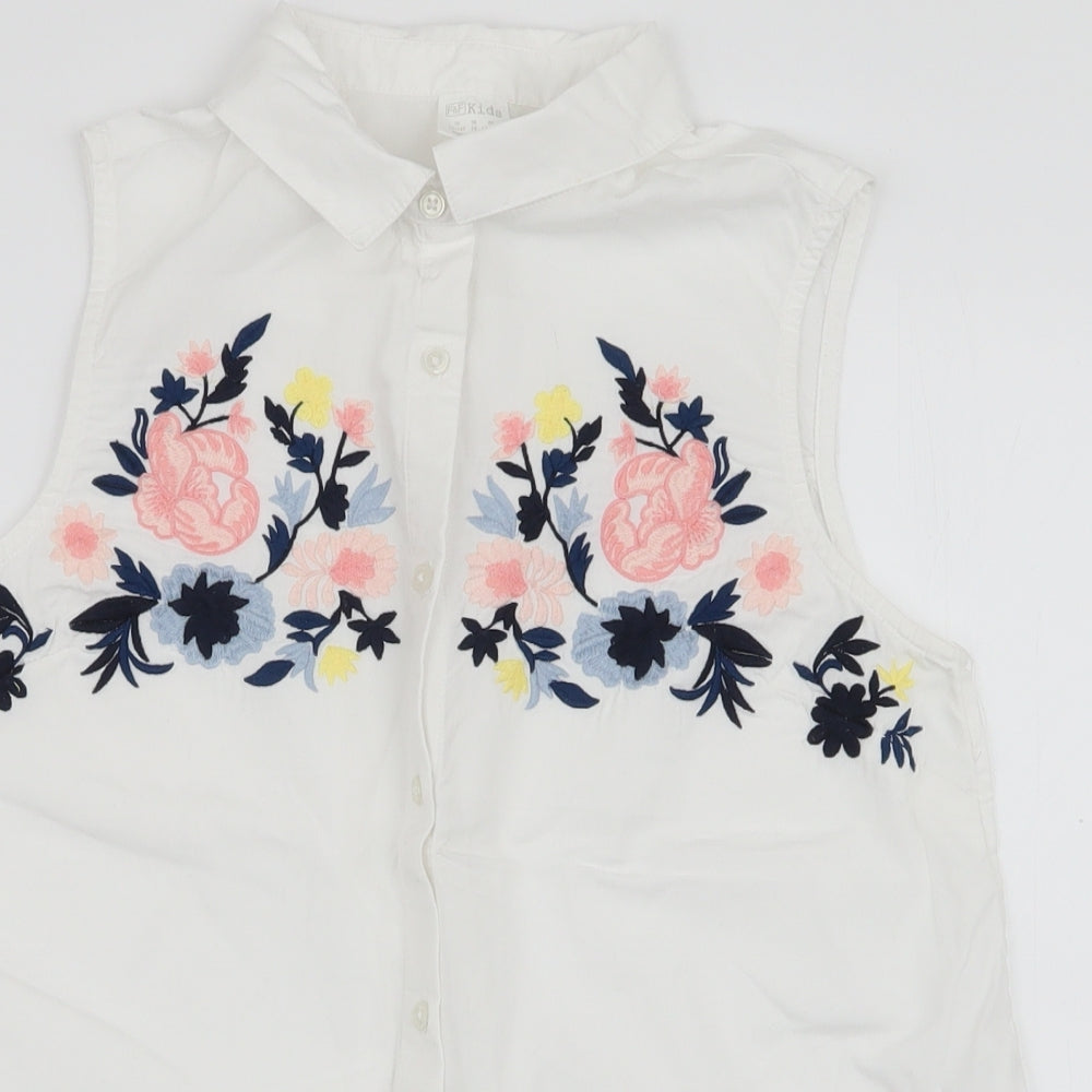 F&F Girls White Floral 100% Cotton Basic Blouse Size 13-14 Years Collared Button