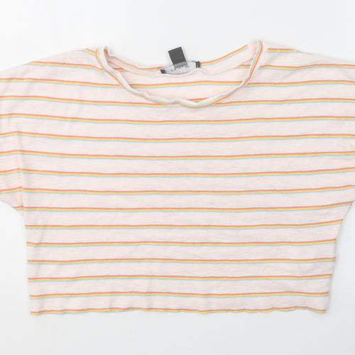 Primark Womens Pink Striped Cotton Cropped T-Shirt Size 6 Round Neck