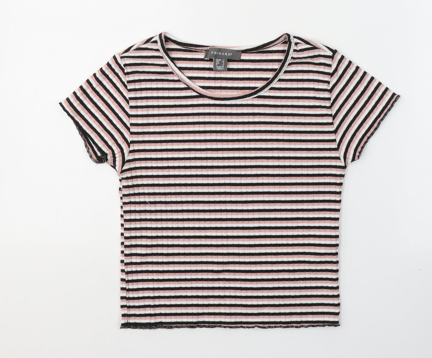 Primark Womens Pink Striped Polyester Basic T-Shirt Size 4 Round Neck