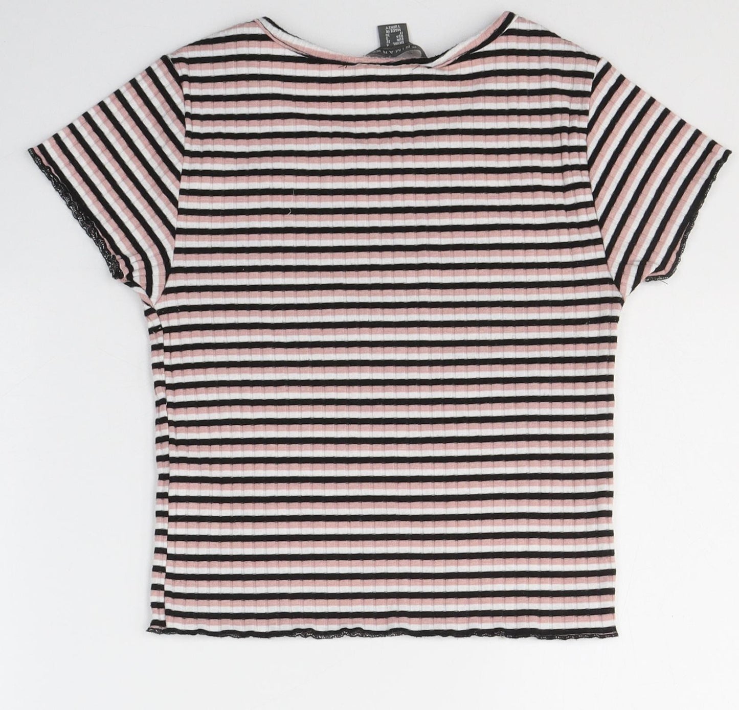 Primark Womens Pink Striped Polyester Basic T-Shirt Size 4 Round Neck