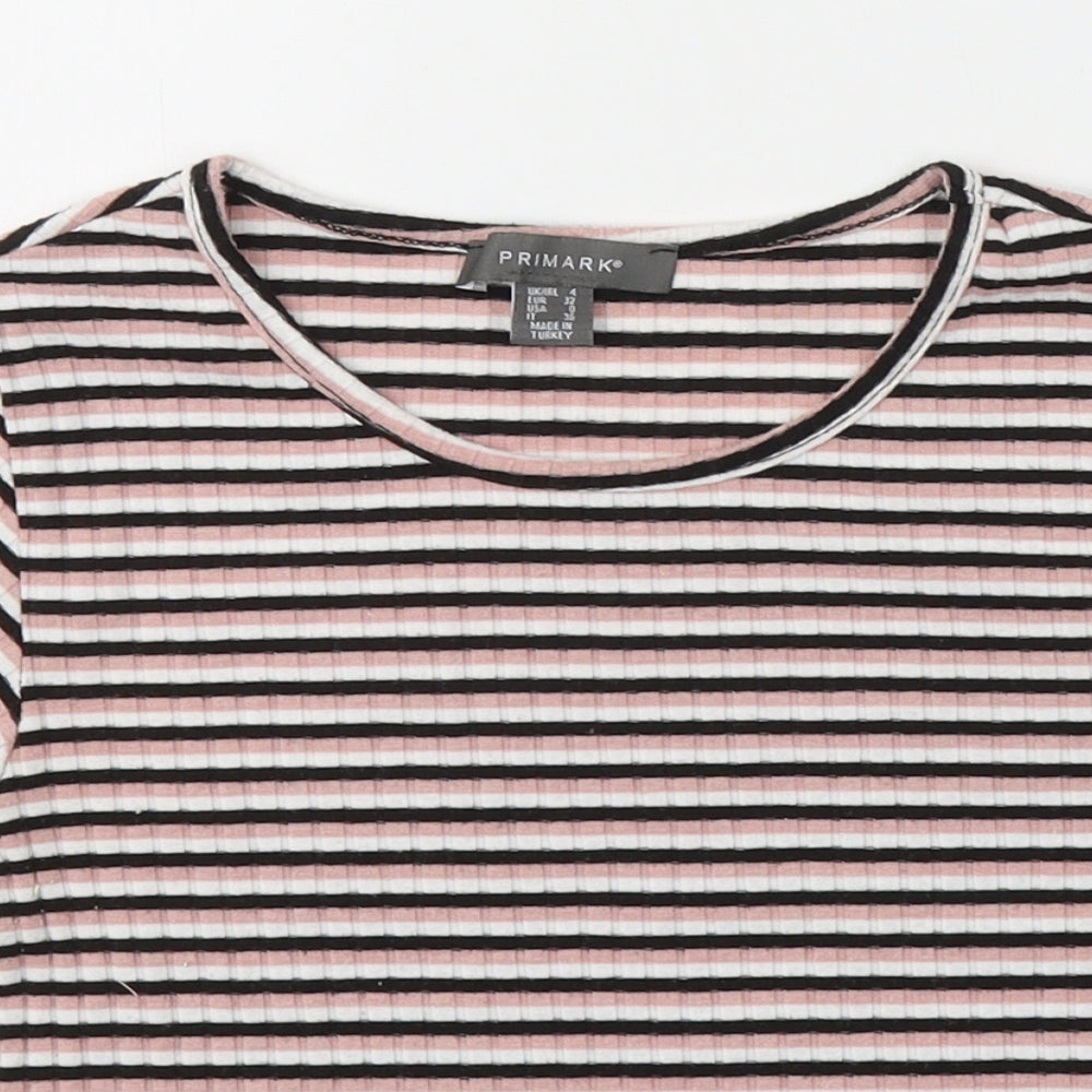 Primark Womens Pink Striped Polyester Basic T-Shirt Size 4 Round Neck