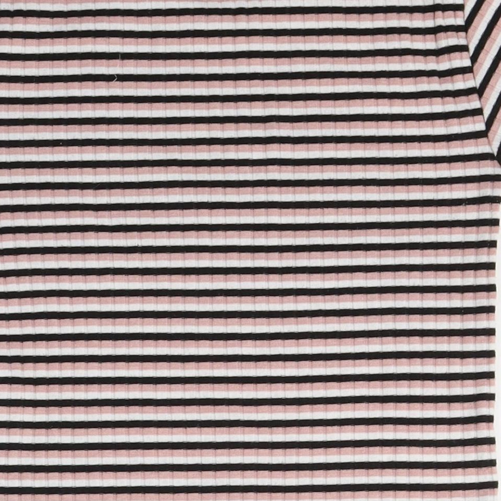 Primark Womens Pink Striped Polyester Basic T-Shirt Size 4 Round Neck