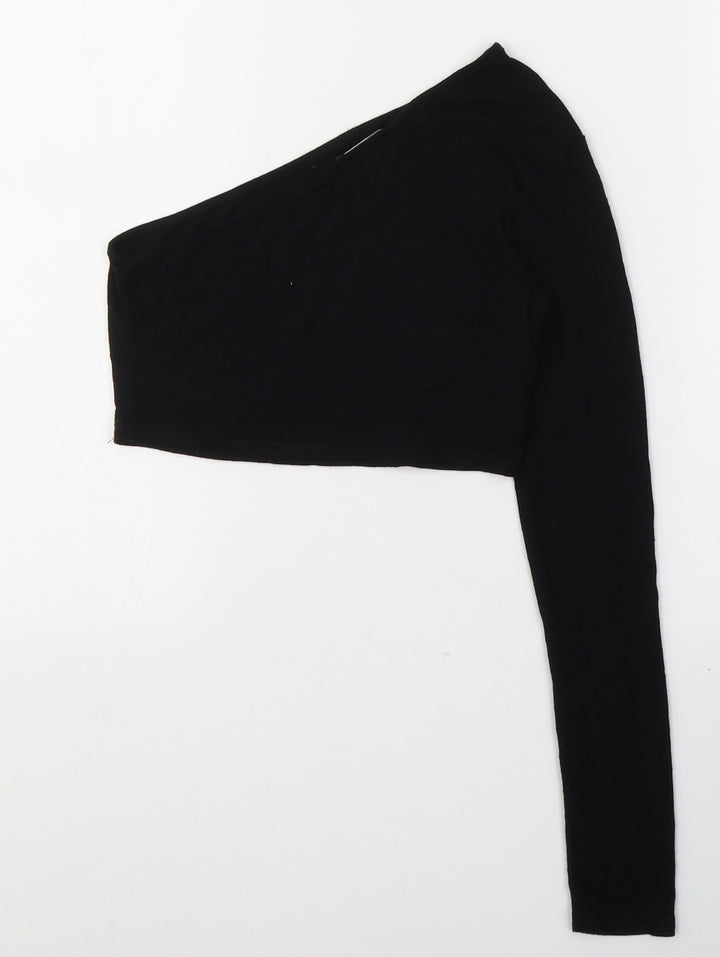 PRETTYLITTLETHING Womens Black  Viscose Cropped Blouse Size 6 One Shoulder