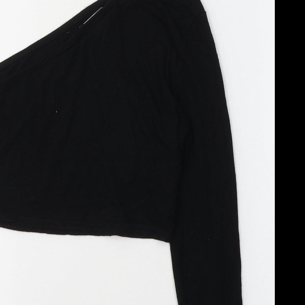 PRETTYLITTLETHING Womens Black  Viscose Cropped Blouse Size 6 One Shoulder