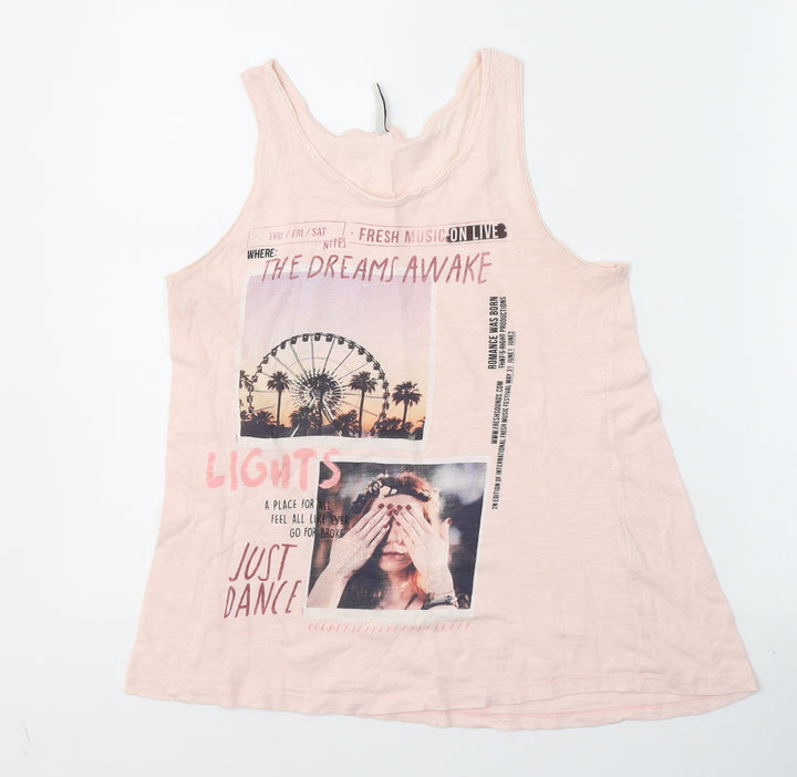Stradivarius Womens Pink Cotton Basic Tank Size S Round Neck - Dreams Awake, Just dance, Festival
