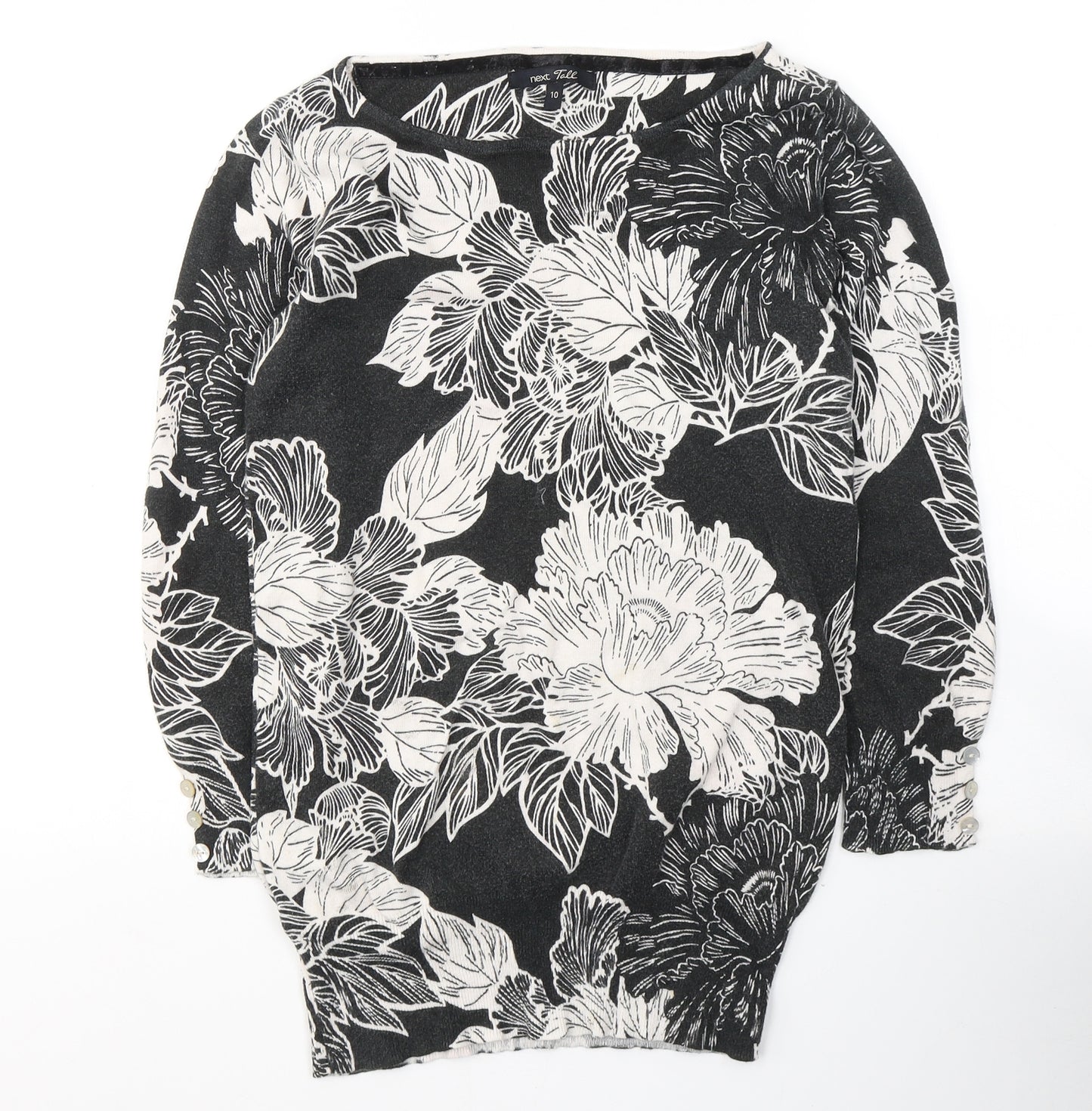 NEXT Womens Black Floral Cotton Jersey Blouse Size 10 Round Neck