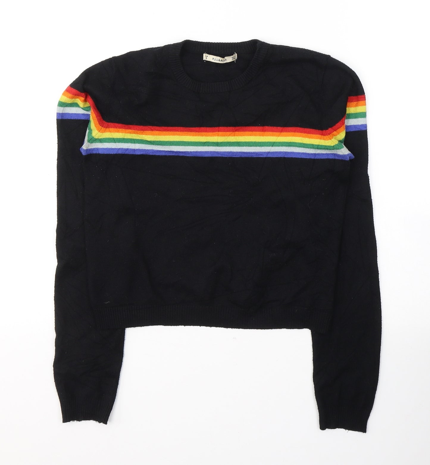 Pull&Bear Womens Black  Cotton Cropped T-Shirt Size S Round Neck - Rainbow