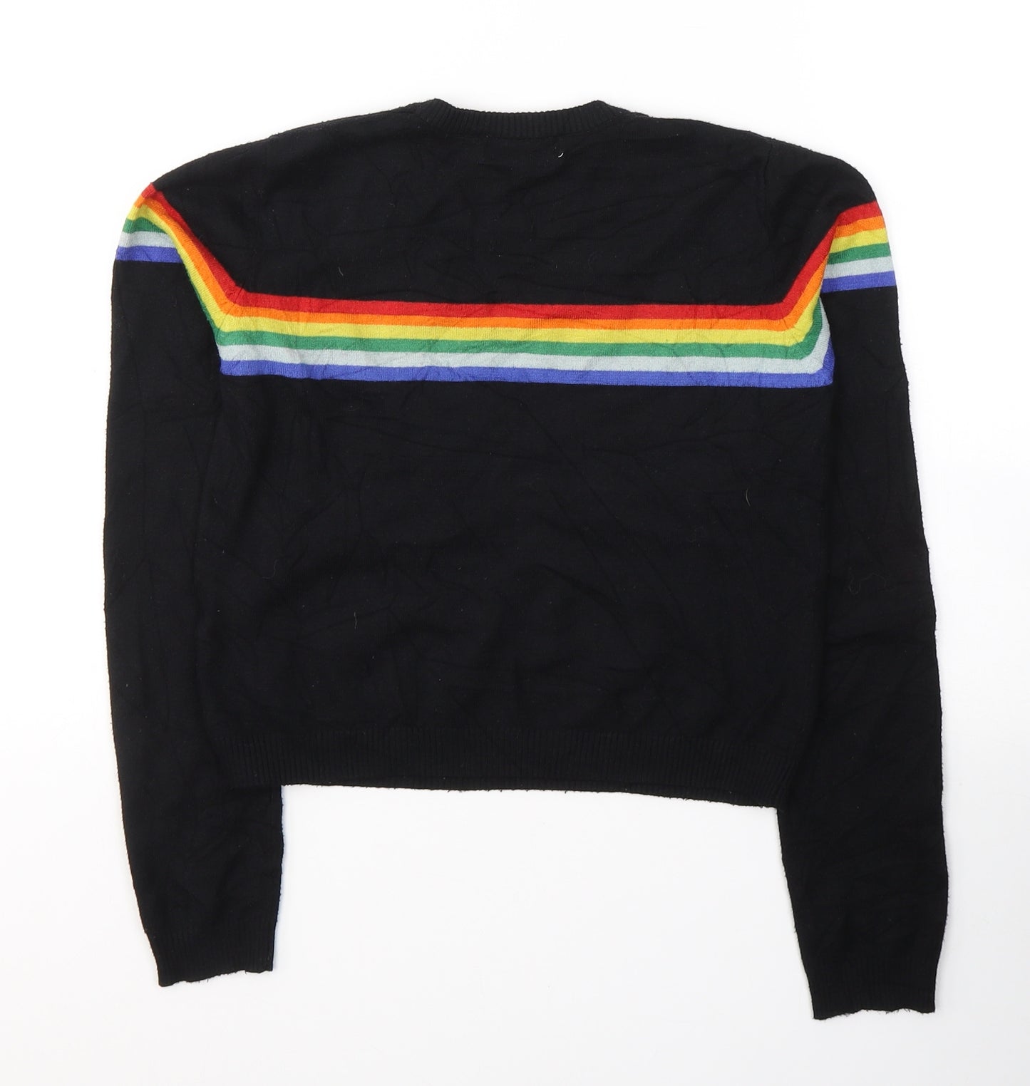 Pull&Bear Womens Black  Cotton Cropped T-Shirt Size S Round Neck - Rainbow