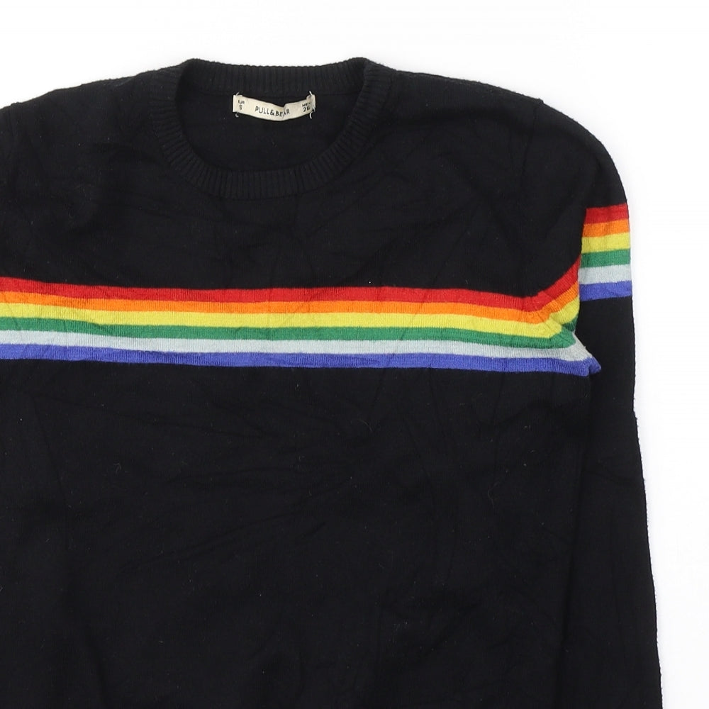 Pull&Bear Womens Black  Cotton Cropped T-Shirt Size S Round Neck - Rainbow