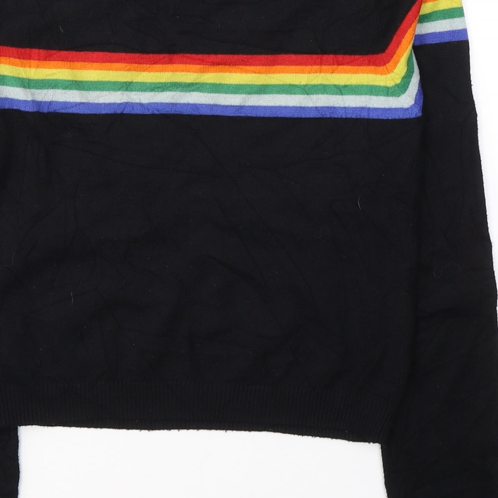 Pull&Bear Womens Black  Cotton Cropped T-Shirt Size S Round Neck - Rainbow