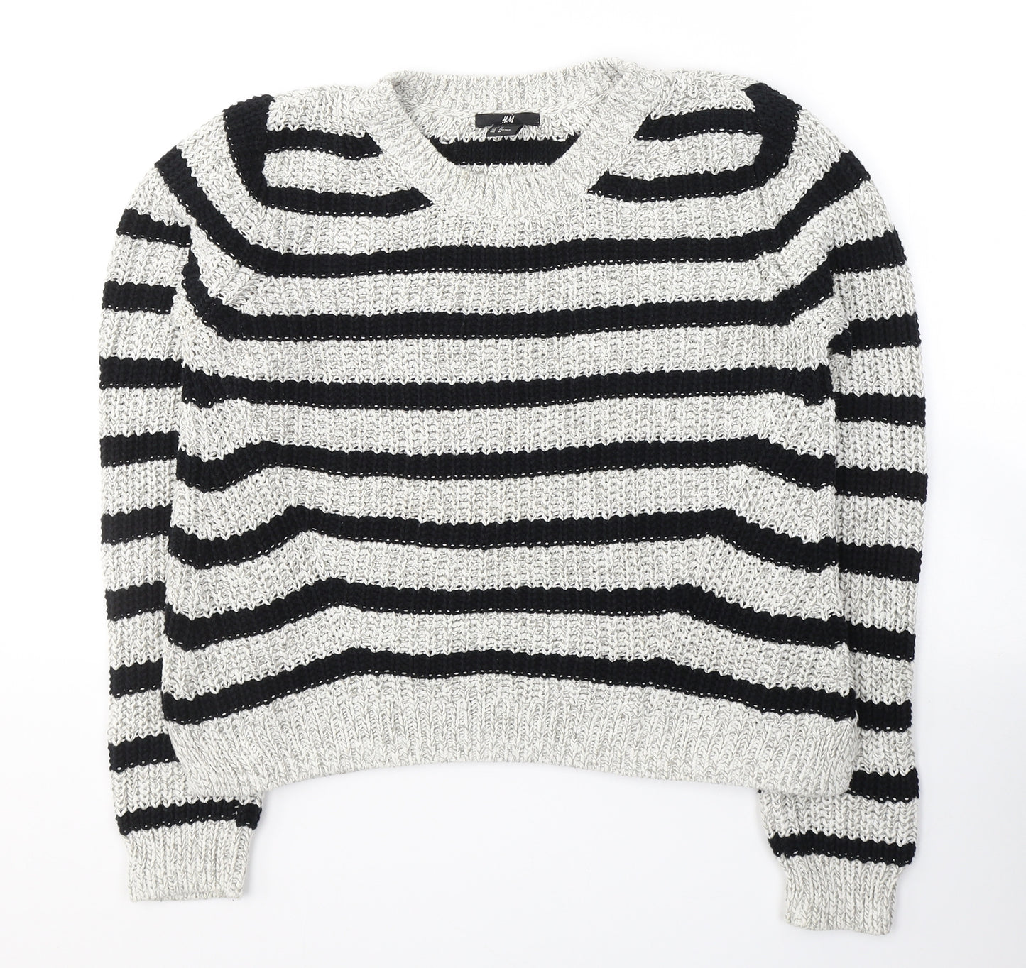 H&M Womens Grey Round Neck Striped Cotton Pullover Jumper Size M