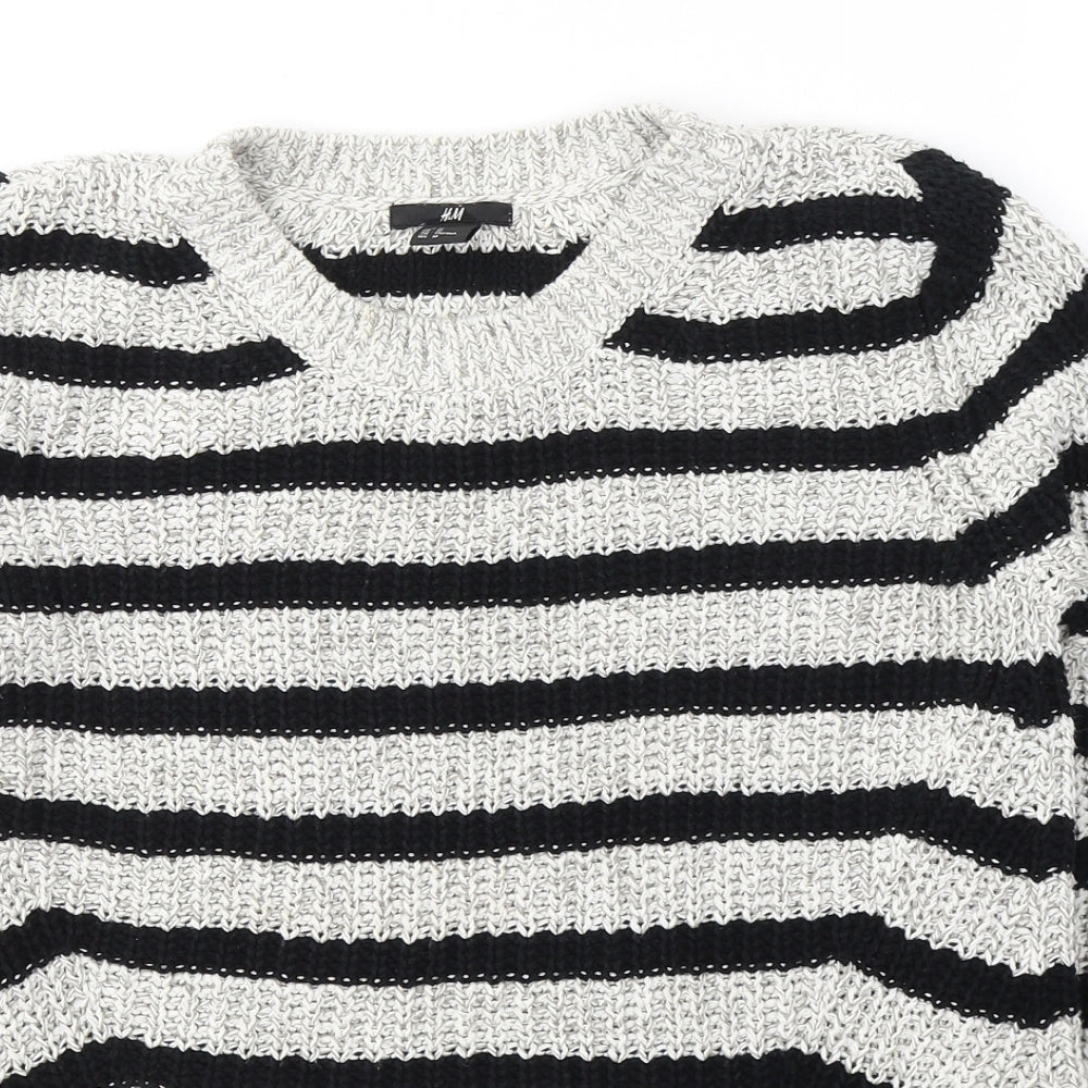 H&M Womens Grey Round Neck Striped Cotton Pullover Jumper Size M