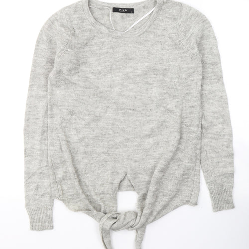 VILA Womens Grey Round Neck  Acrylic Pullover Jumper Size XS   - tie detail