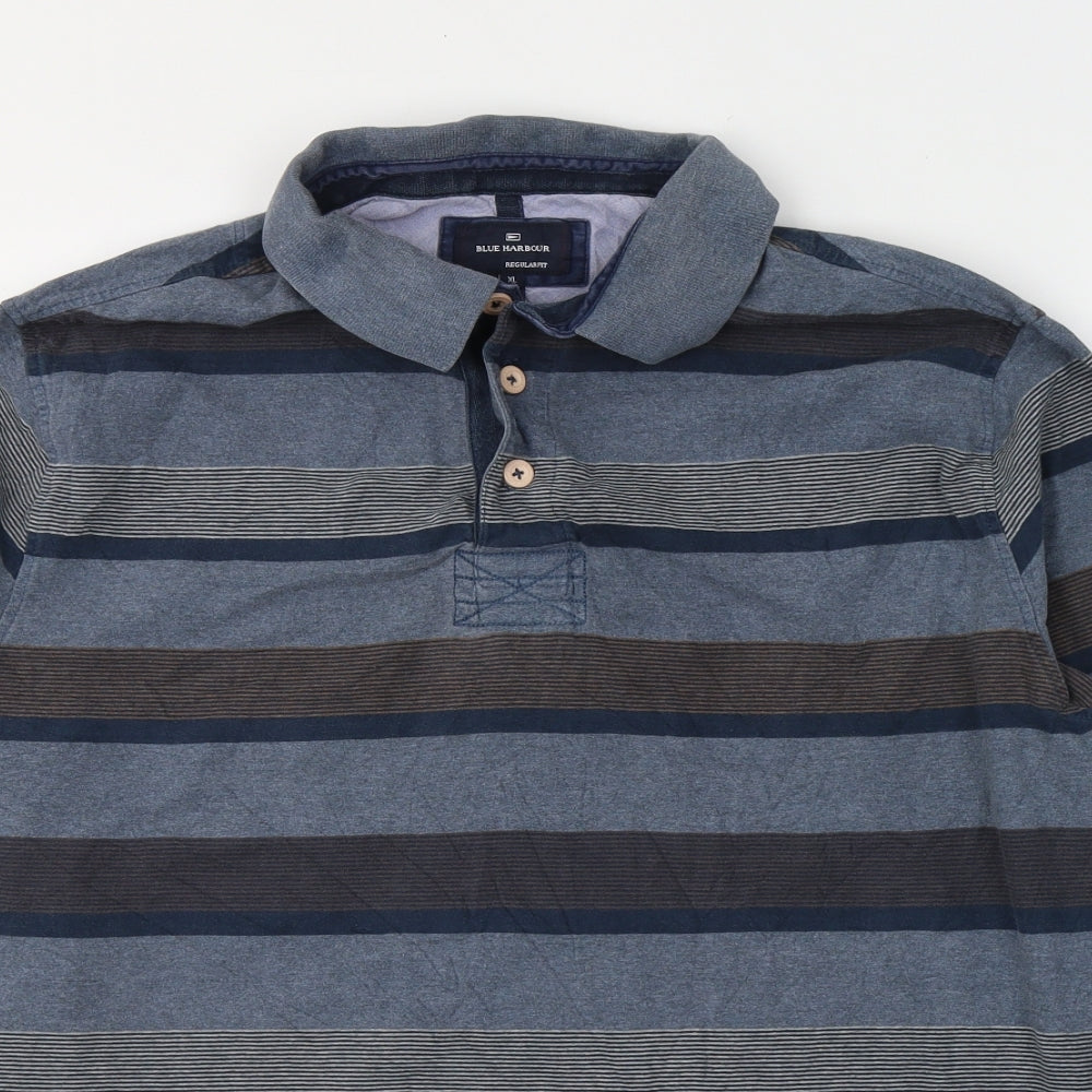 Blue Harbour Mens Blue Striped Cotton  Polo Size XL Collared Pullover