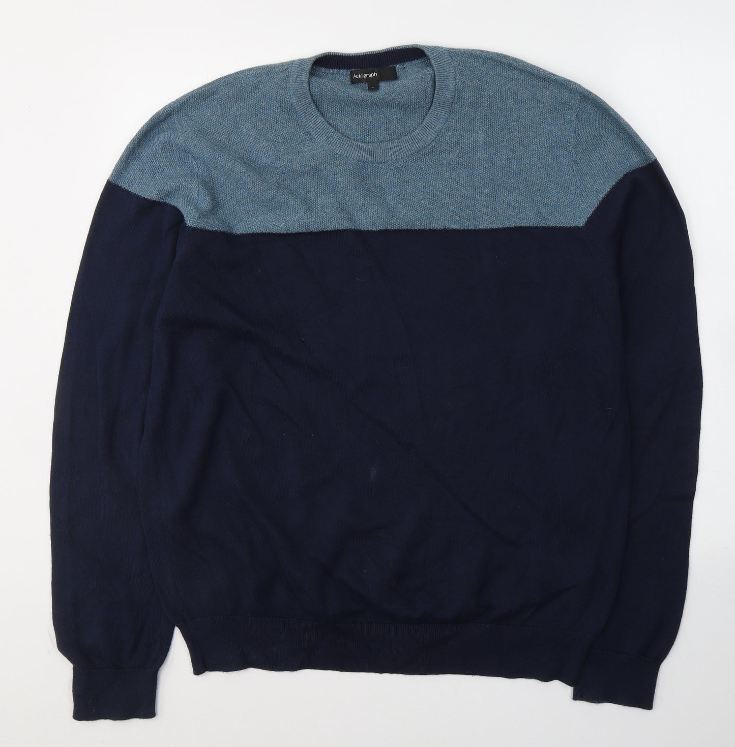 Marks and Spencer Mens Blue Round Neck  Cotton Pullover Jumper Size L