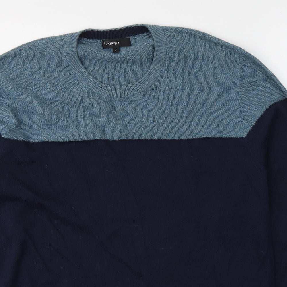 Marks and Spencer Mens Blue Round Neck  Cotton Pullover Jumper Size L