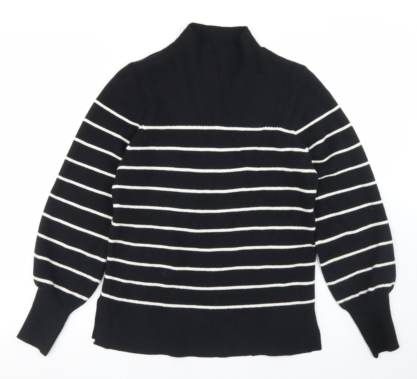 Marks and Spencer Womens Black Mock Neck Striped Viscose Pullover Jumper Size M
