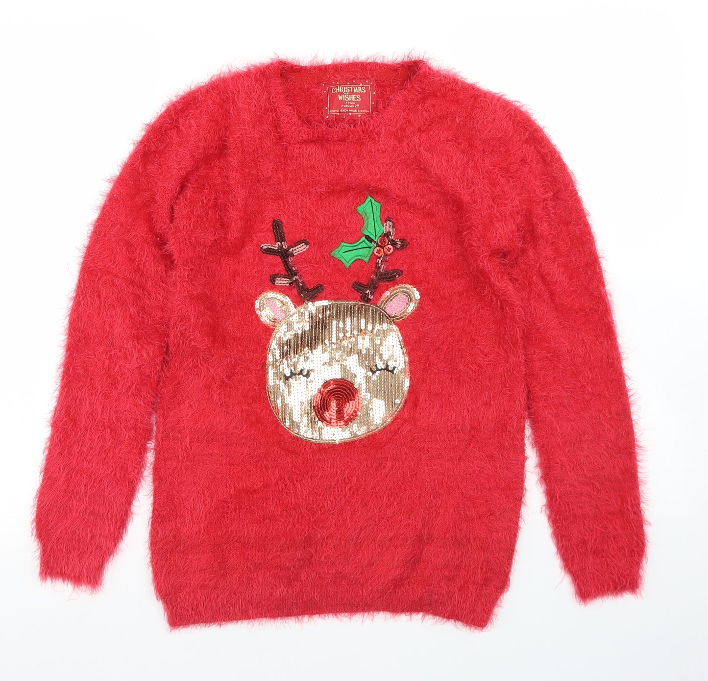 Primark Girls Red Crew Neck  Nylon Pullover Jumper Size 12-13 Years   - Christmas Reindeer