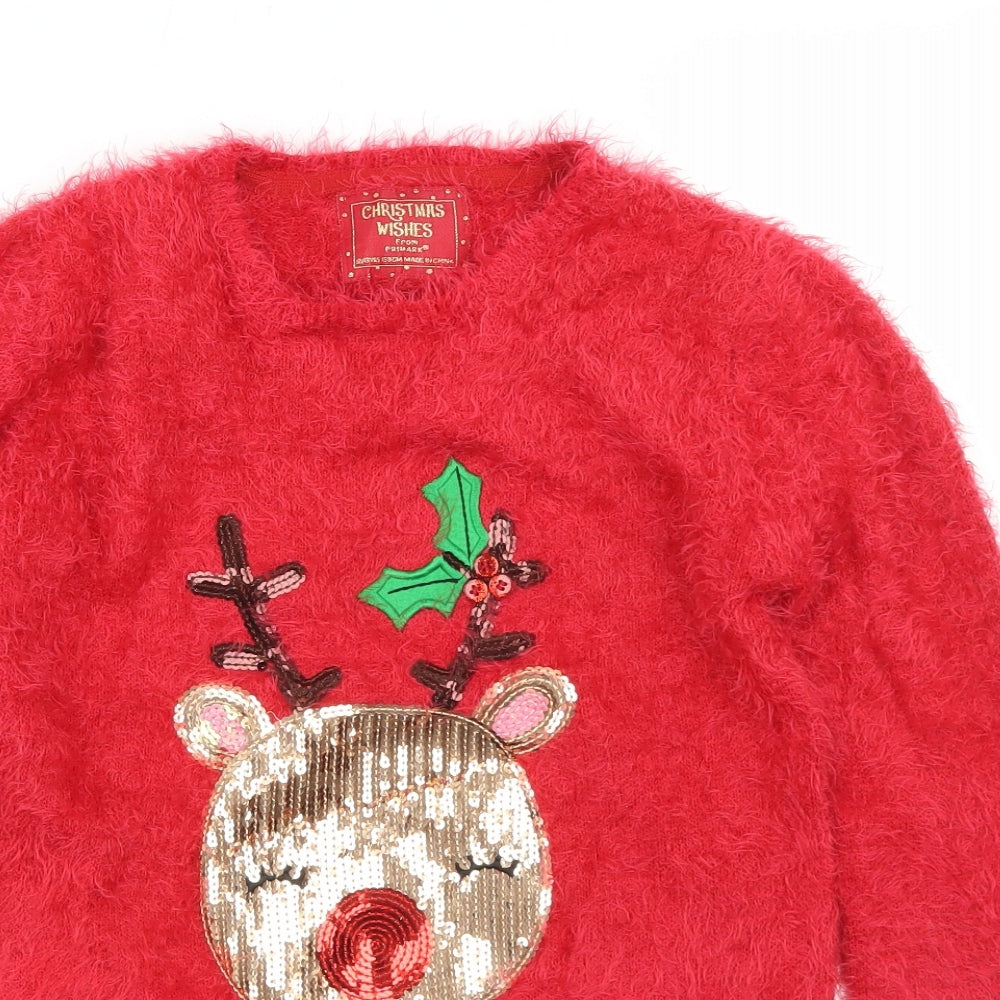 Primark Girls Red Crew Neck  Nylon Pullover Jumper Size 12-13 Years   - Christmas Reindeer