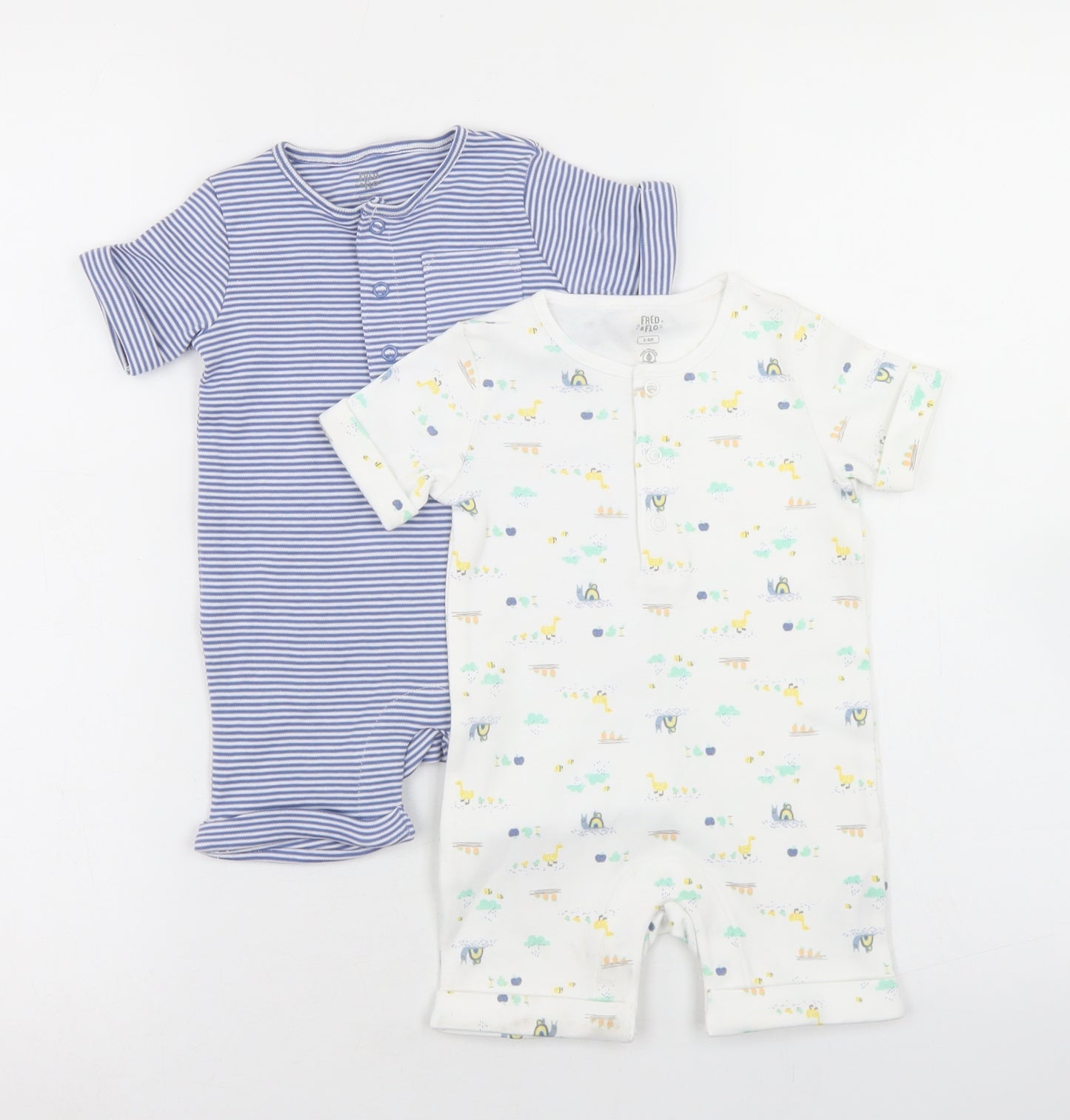 Fred & Flo Boys White Striped Cotton Romper Outfit/Set Size 3-6 Months  Snap