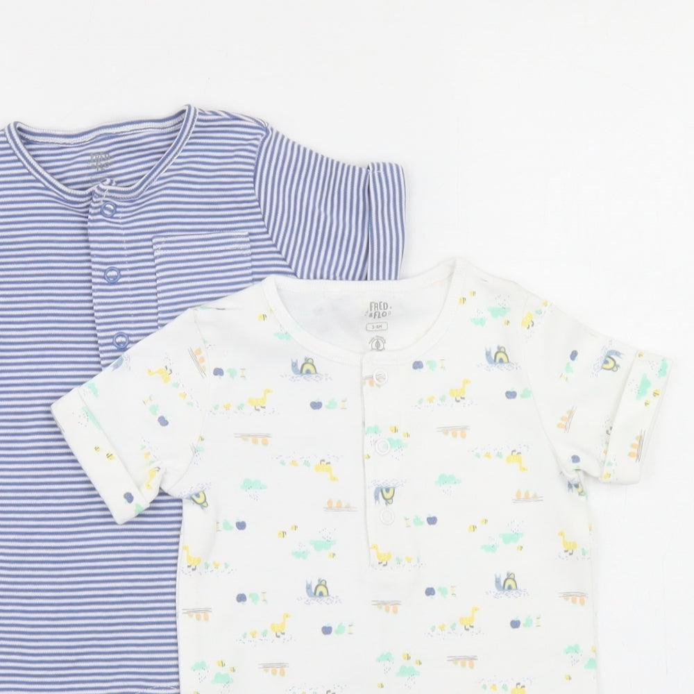 Fred & Flo Boys White Striped Cotton Romper Outfit/Set Size 3-6 Months  Snap