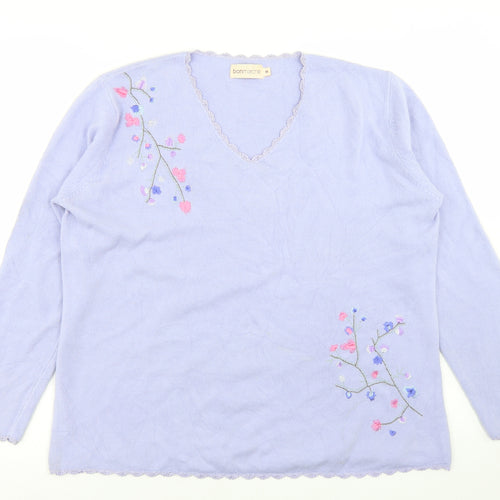Bonmarché Womens Purple V-Neck  Acrylic Pullover Jumper Size M   - Flower Detail