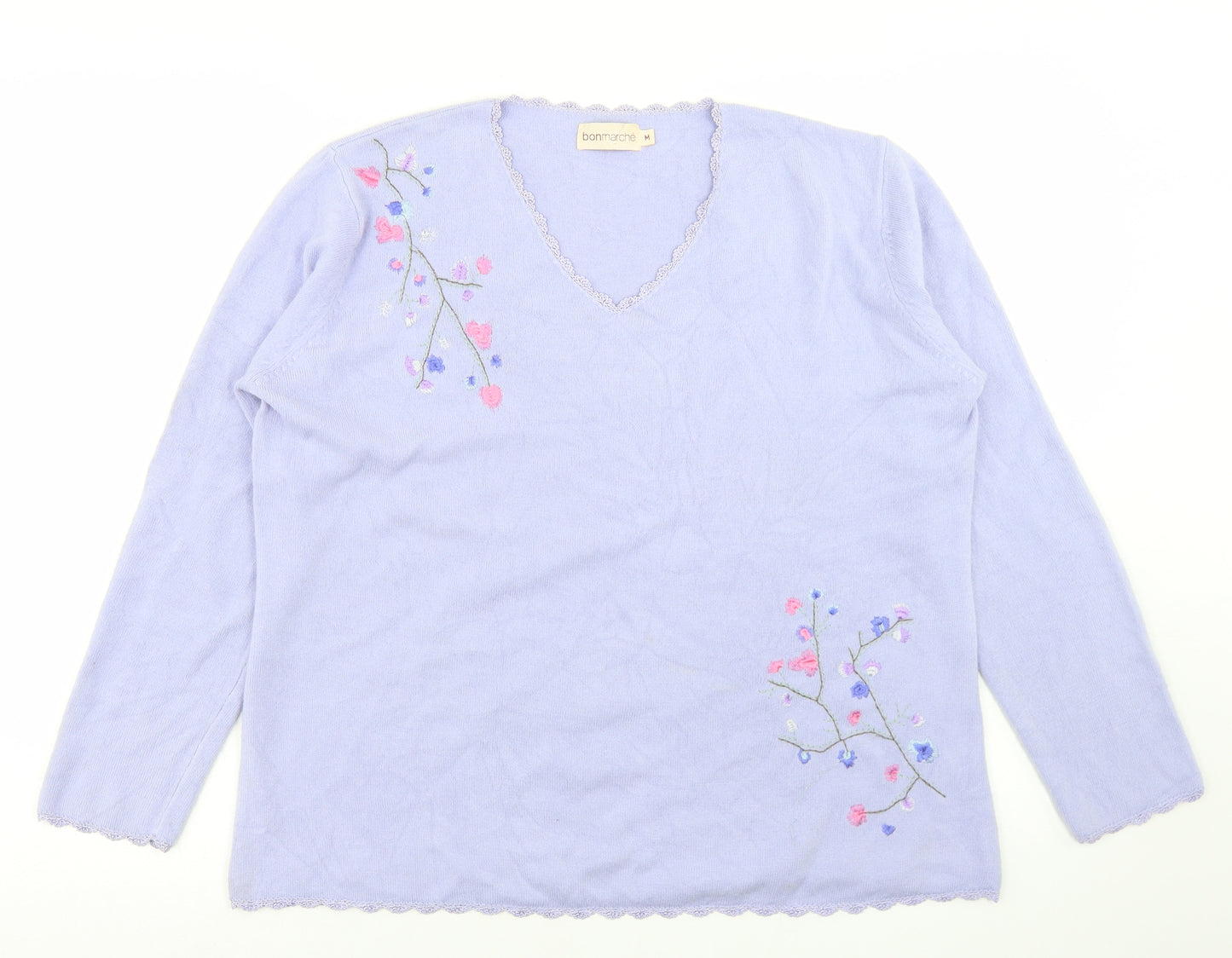 Bonmarché Womens Purple V-Neck  Acrylic Pullover Jumper Size M   - Flower Detail