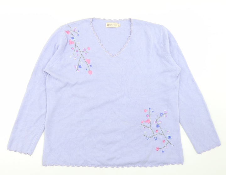 Bonmarché Womens Purple V-Neck  Acrylic Pullover Jumper Size M   - Flower Detail