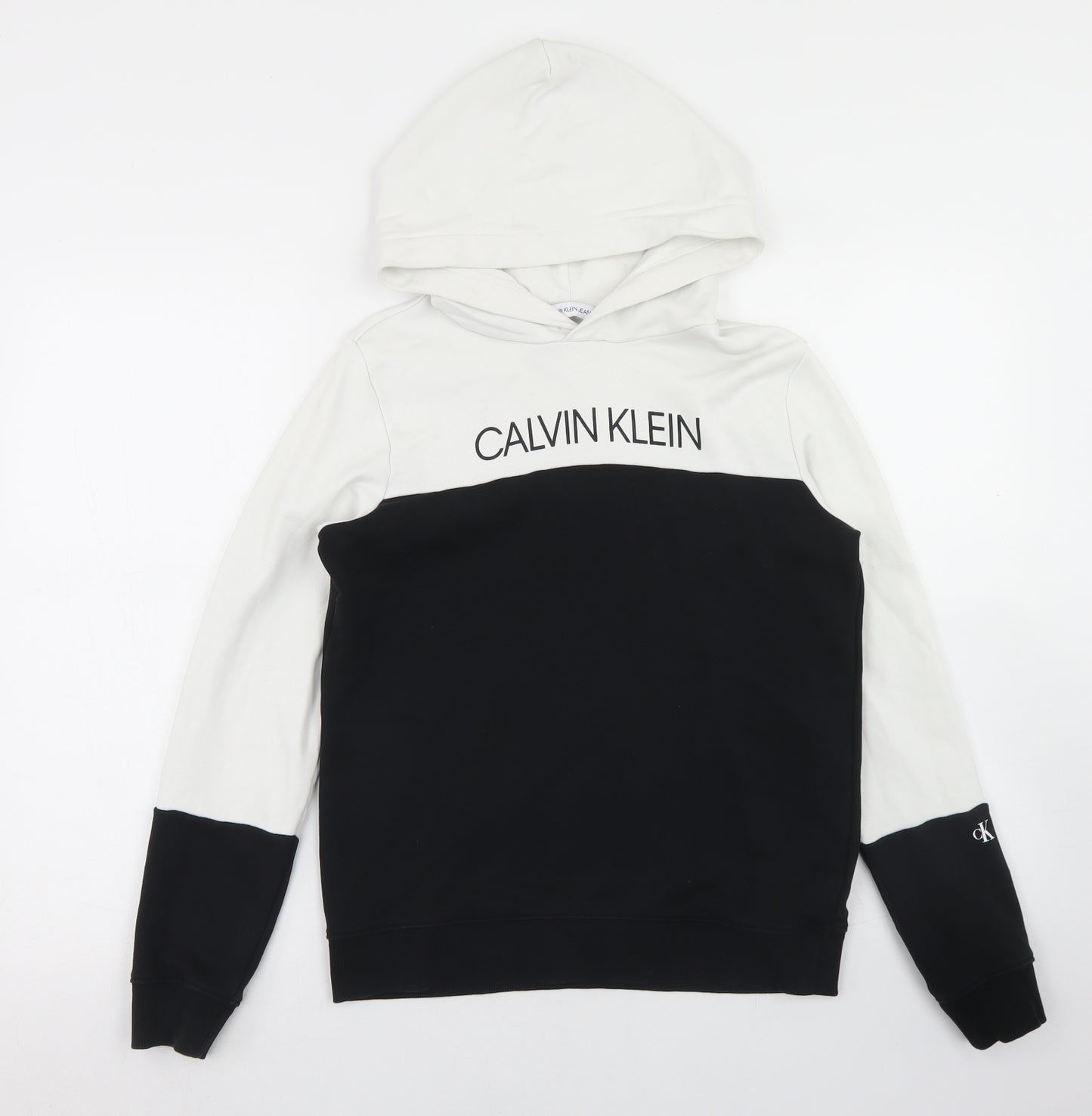 Calvin Klein Boys Black Colourblock Cotton Pullover Hoodie Size 14 Years