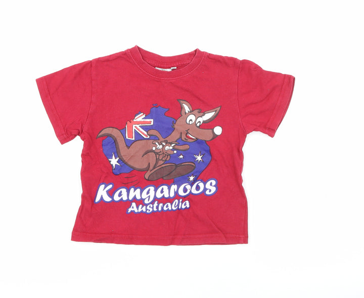 Preworn Boys Red  Cotton Pullover T-Shirt Size 4 Years Crew Neck  - Australia Kangaroo
