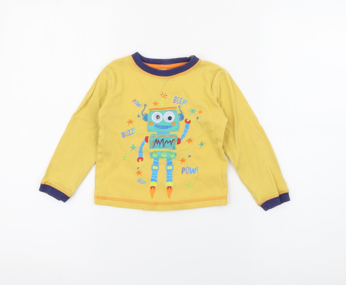 Dunnes Stores Boys Yellow  Cotton Pullover T-Shirt Size 2-3 Years Crew Neck  - Robot