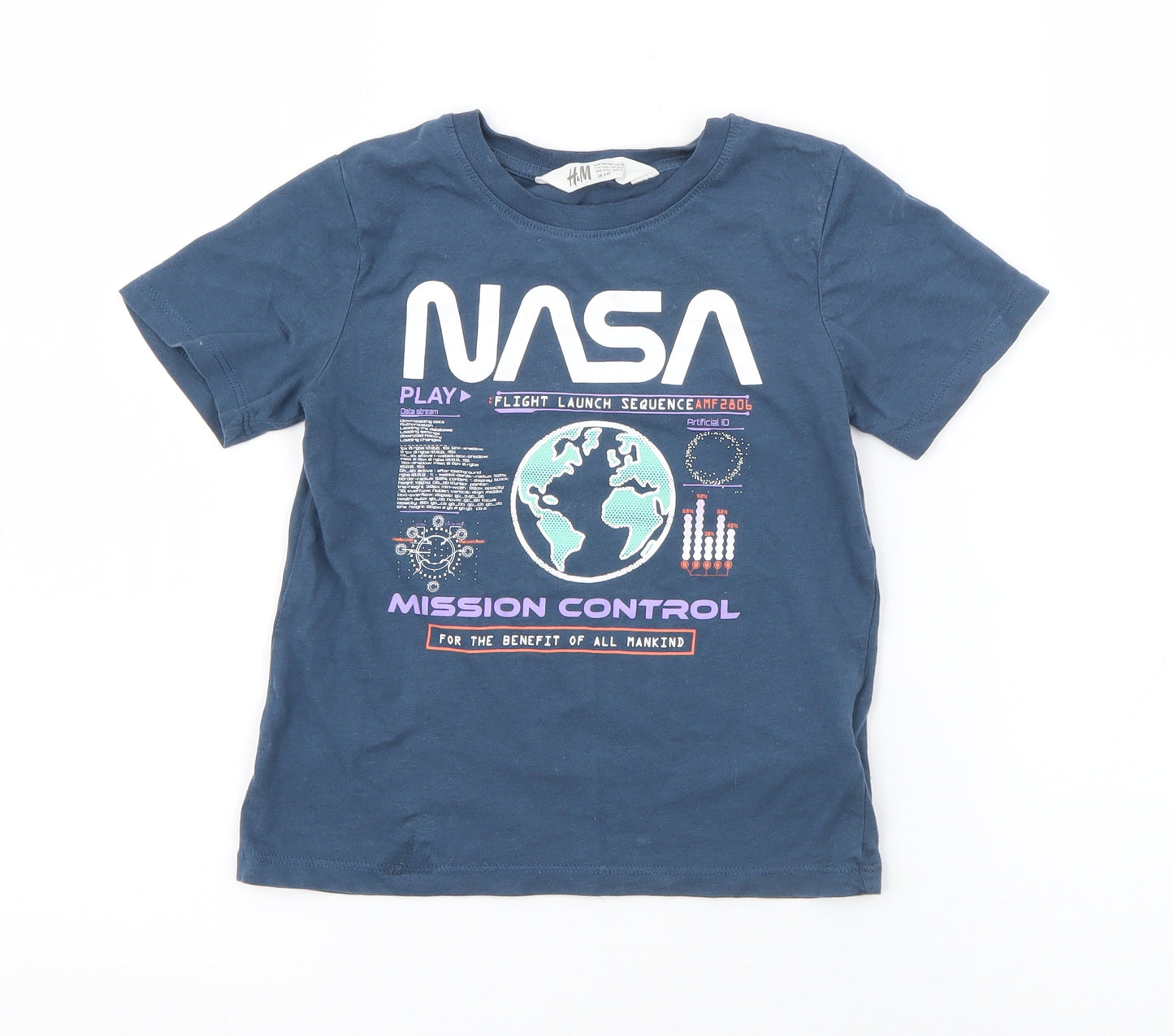 H&M Boys Blue  Cotton Pullover T-Shirt Size 3-4 Years Crew Neck  - NASA
