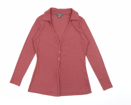 Front view of Primark women’s red collared polyester jumper, size M