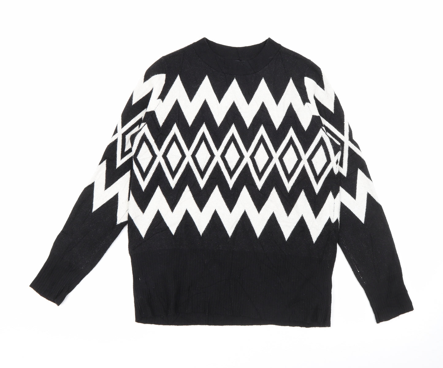 Marks and Spencer Womens Black Crew Neck Geometric Viscose Pullover Jumper Size 12