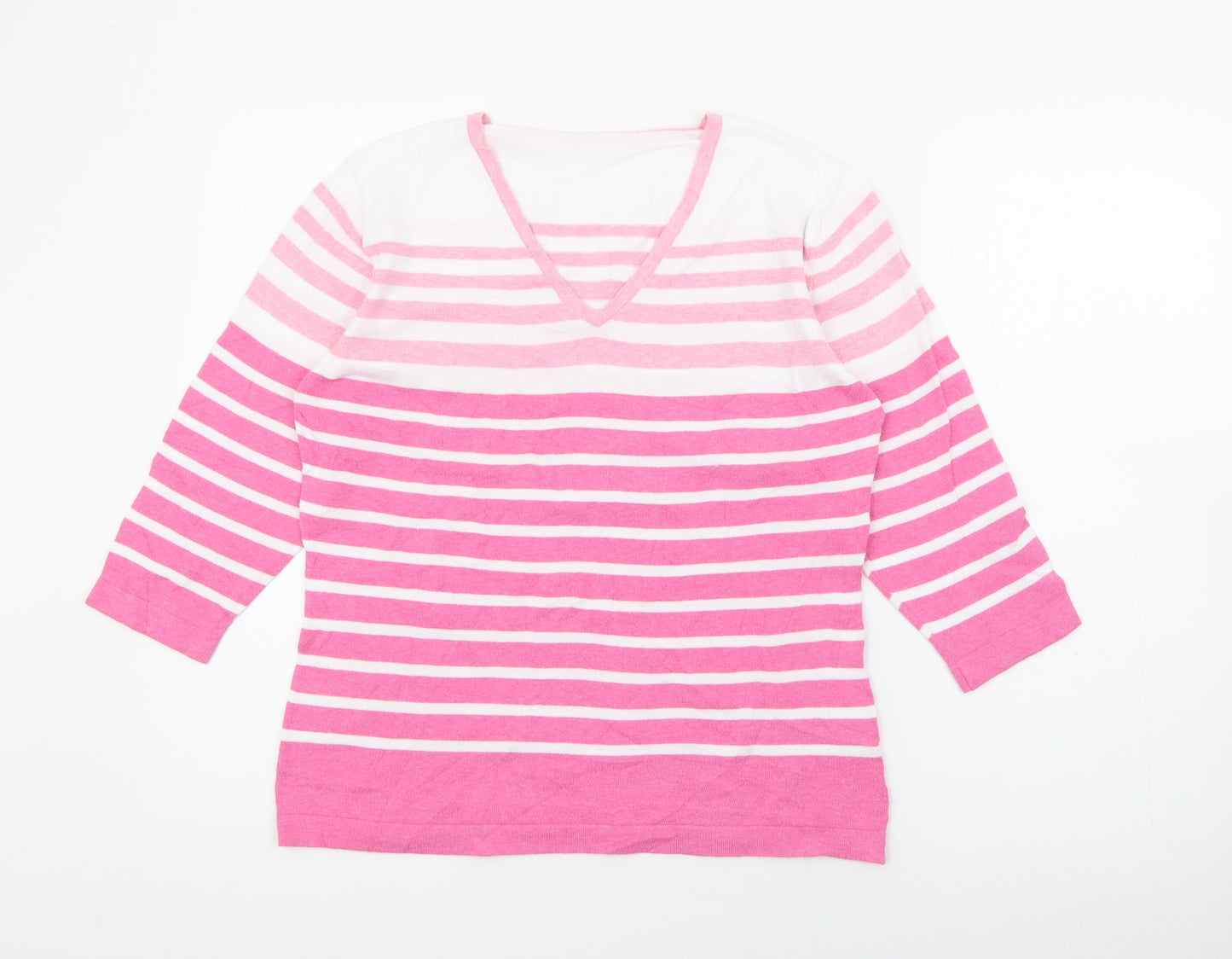 David Napier Womens Pink V-Neck Striped Cotton Pullover Jumper Size 12