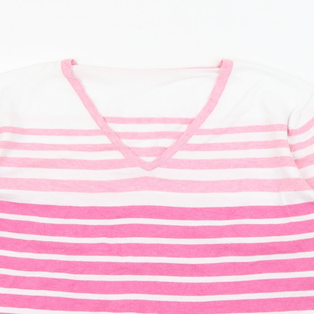 David Napier Womens Pink V-Neck Striped Cotton Pullover Jumper Size 12