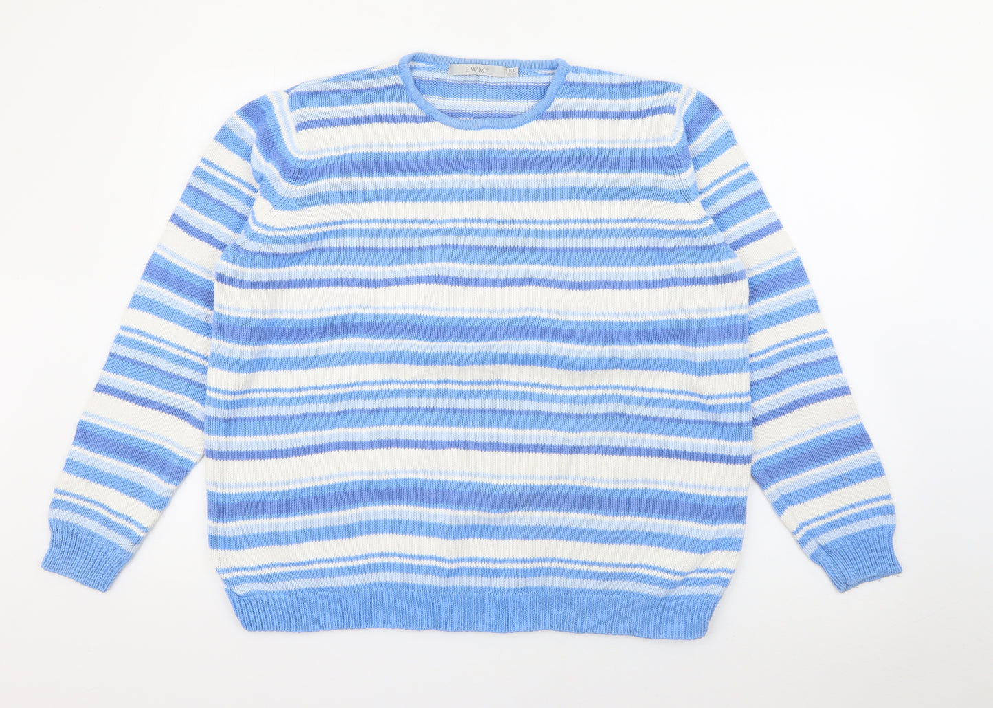 EWM Womens Blue Crew Neck Striped Acrylic Pullover Jumper Size XL