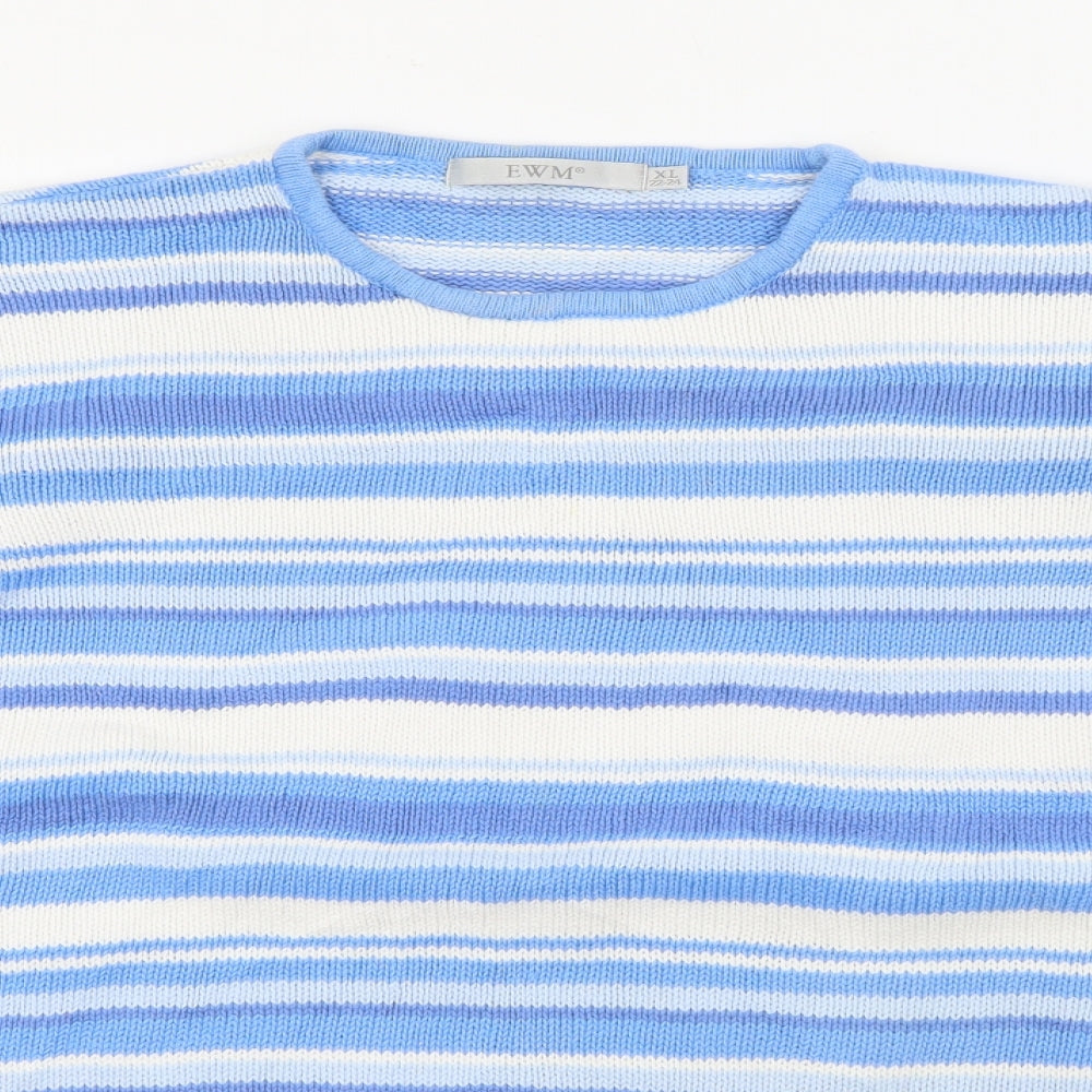 EWM Womens Blue Crew Neck Striped Acrylic Pullover Jumper Size XL