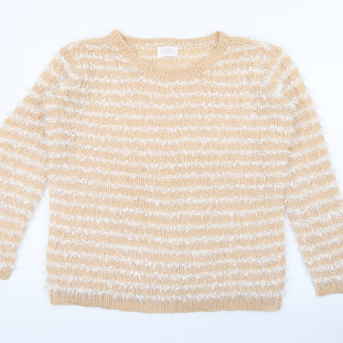 Savida Womens Beige Crew Neck Striped Acrylic Pullover Jumper Size S