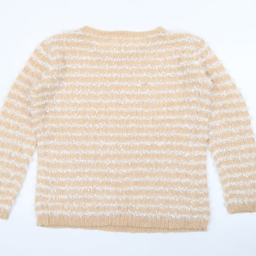 Savida Womens Beige Crew Neck Striped Acrylic Pullover Jumper Size S