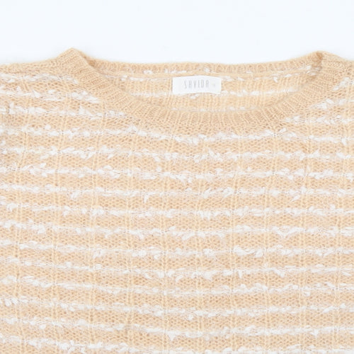 Savida Womens Beige Crew Neck Striped Acrylic Pullover Jumper Size S