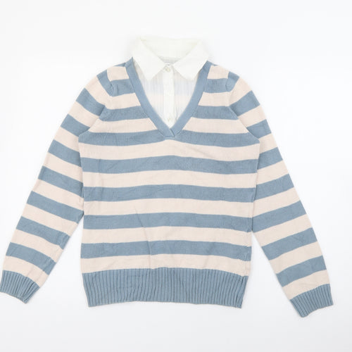 Marks and Spencer Womens Beige Collared Striped Cotton Pullover Jumper Size 10