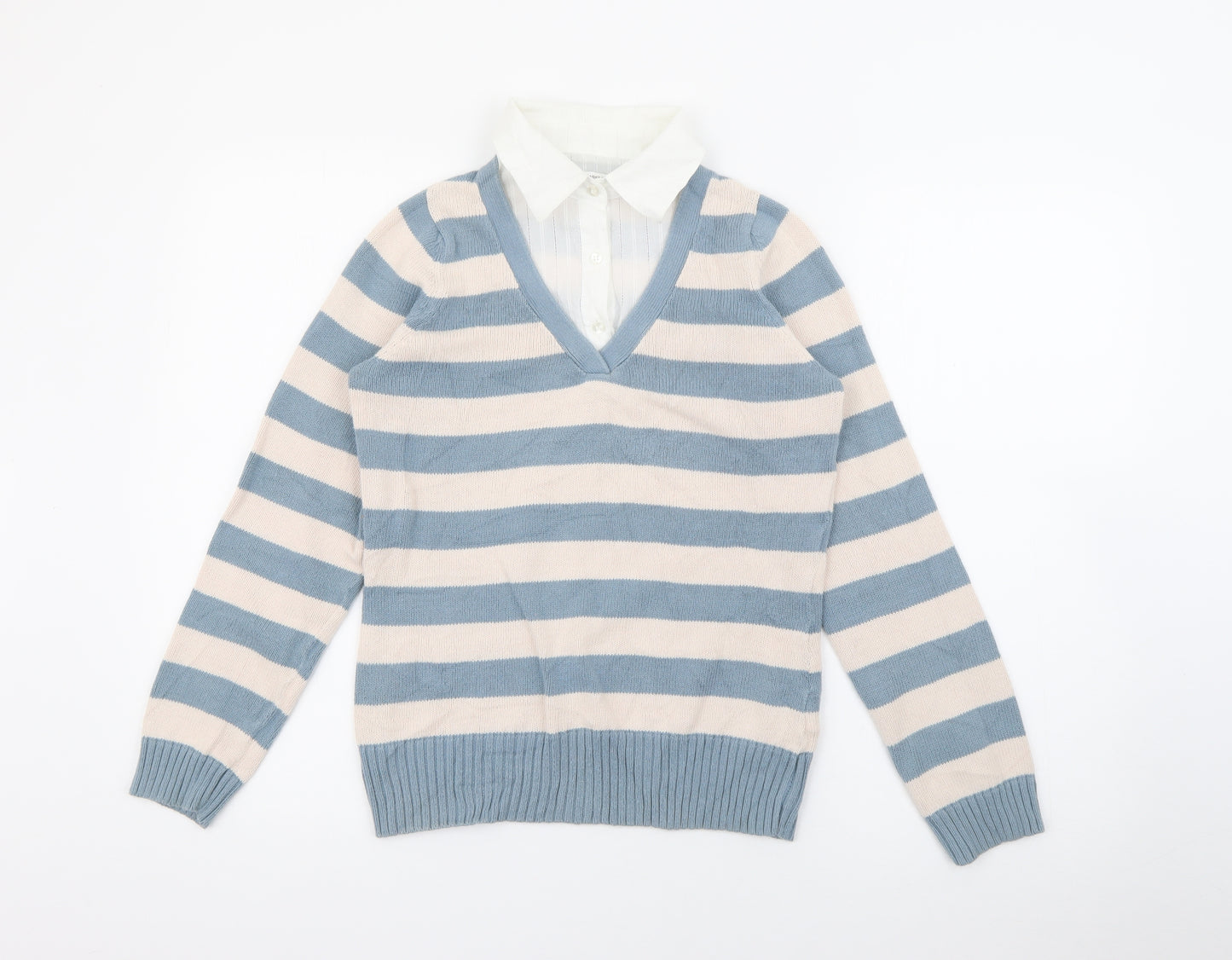 Marks and Spencer Womens Beige Collared Striped Cotton Pullover Jumper Size 10