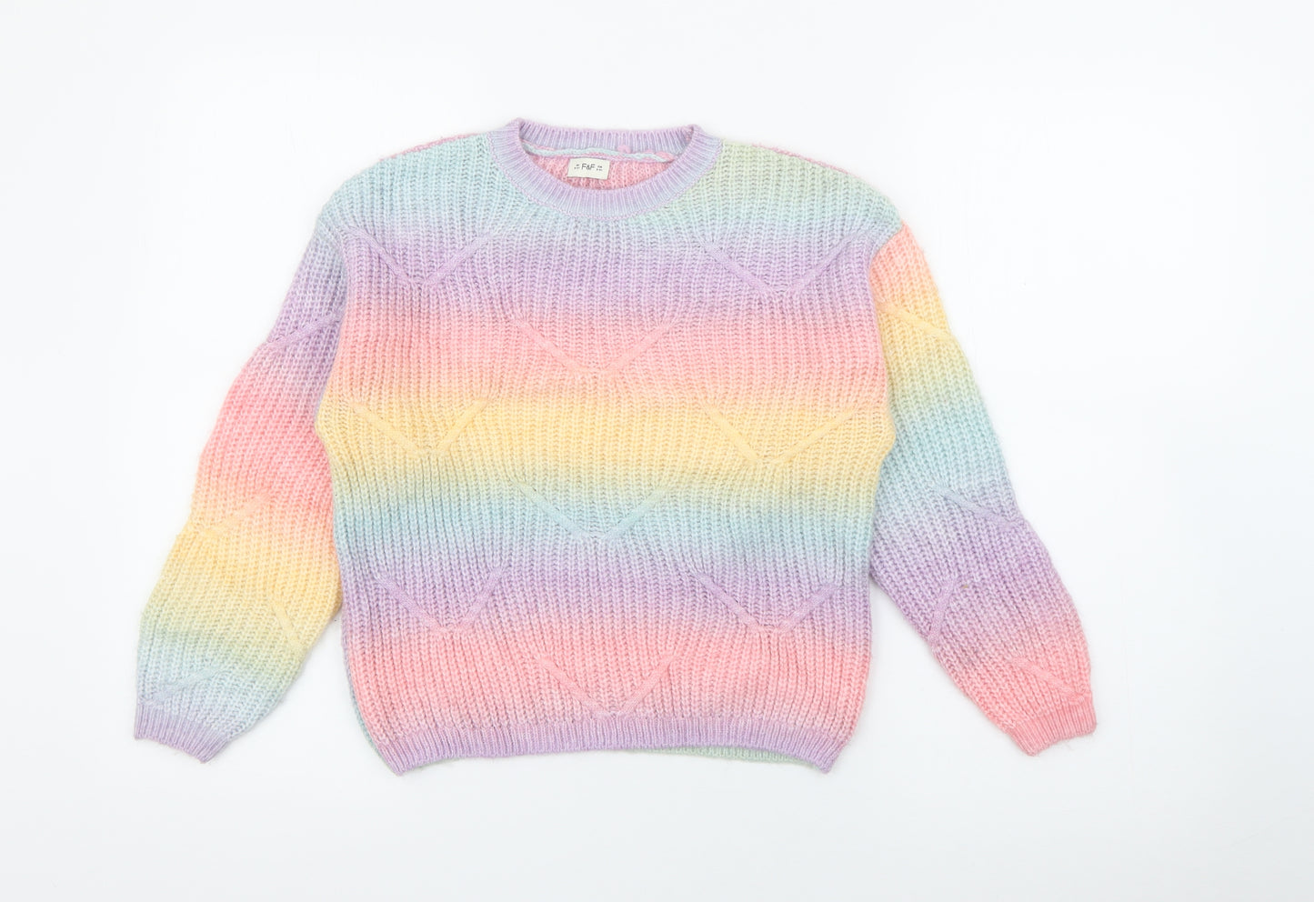 F&F Girls Multicoloured Crew Neck  Acrylic Pullover Jumper Size 8-9 Years