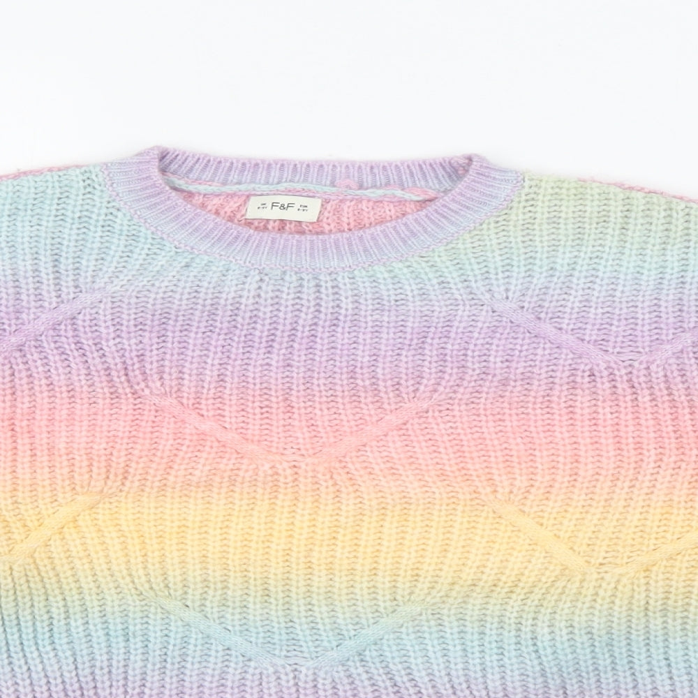 F&F Girls Multicoloured Crew Neck  Acrylic Pullover Jumper Size 8-9 Years